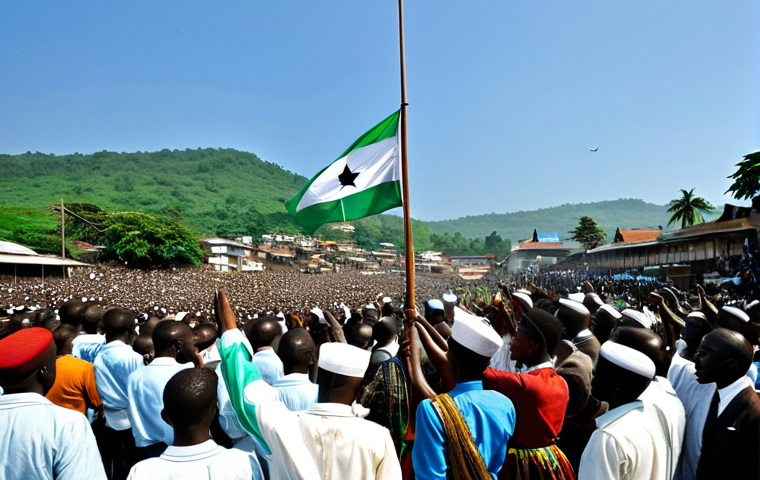 **

"A historical scene depicting Sierra Leone's independence day celebrations on April 27, 1961.  A crowd of jubilant, fully clothed Sierra Leoneans in modest traditional attire are waving flags in Freetown. Sir Milton Margai is giving a speech. In the background, the British flag is being lowered and the Sierra Leone flag is being raised.  Clear blue sky, bright daylight.  Safe for work, appropriate content, professional, family-friendly, perfect anatomy, correct proportions, natural pose, well-formed hands, proper finger count, natural body proportions."

**