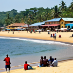 Lumley Beach Scene**

"A vibrant scene at Lumley Beach, Sierra Leone, showcasing local people and tourists enjoying the sunny day. Fully clothed individuals are relaxing on the golden sand, some are playing water sports. A couple of restaurants and bars are visible in the background, offering delicious food and drinks. Safe for work, appropriate content, professional photography, perfect anatomy, natural proportions, family-friendly, fully clothed, modest attire."

**