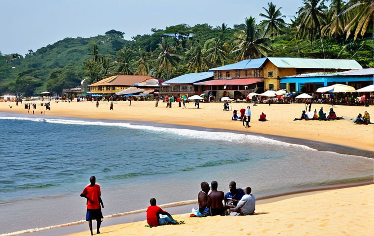 Lumley Beach Scene**

"A vibrant scene at Lumley Beach, Sierra Leone, showcasing local people and tourists enjoying the sunny day. Fully clothed individuals are relaxing on the golden sand, some are playing water sports. A couple of restaurants and bars are visible in the background, offering delicious food and drinks. Safe for work, appropriate content, professional photography, perfect anatomy, natural proportions, family-friendly, fully clothed, modest attire."

**